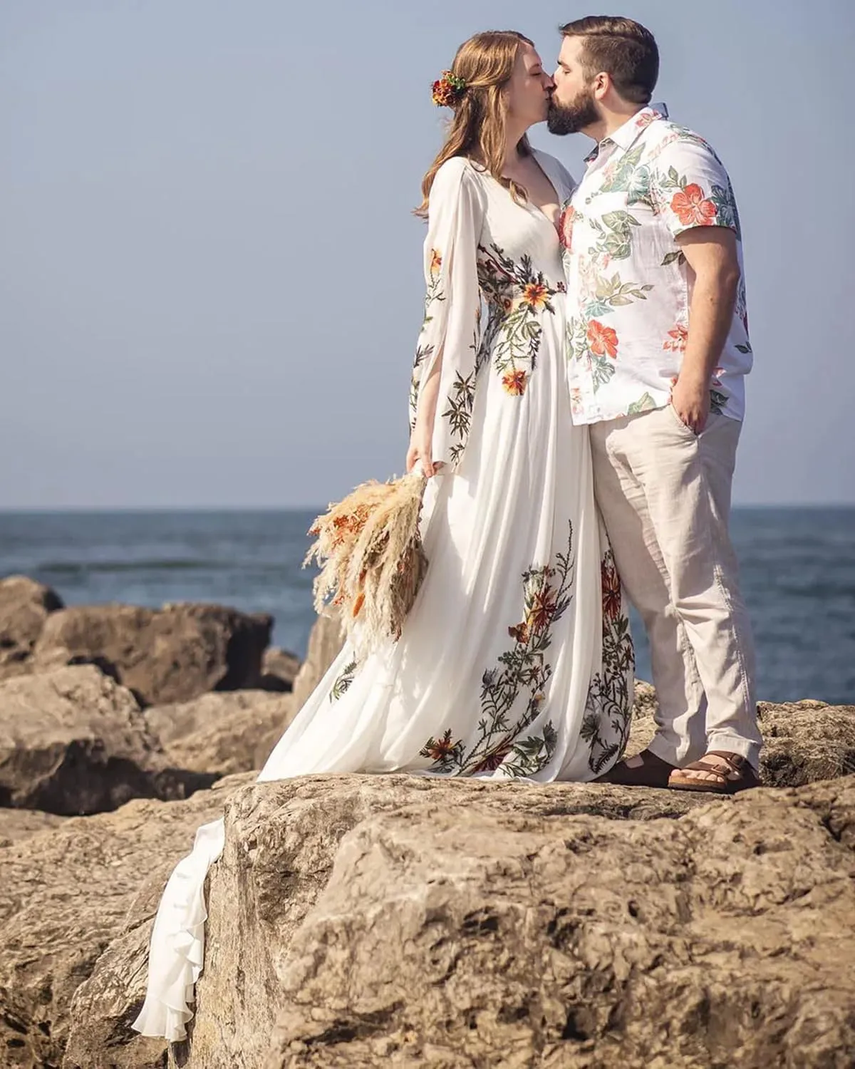 Boho Wedding Dresses for Bride 2025 Floral Embroidered Chiffon Long Sleeve V Neck A Line Bridal Gown