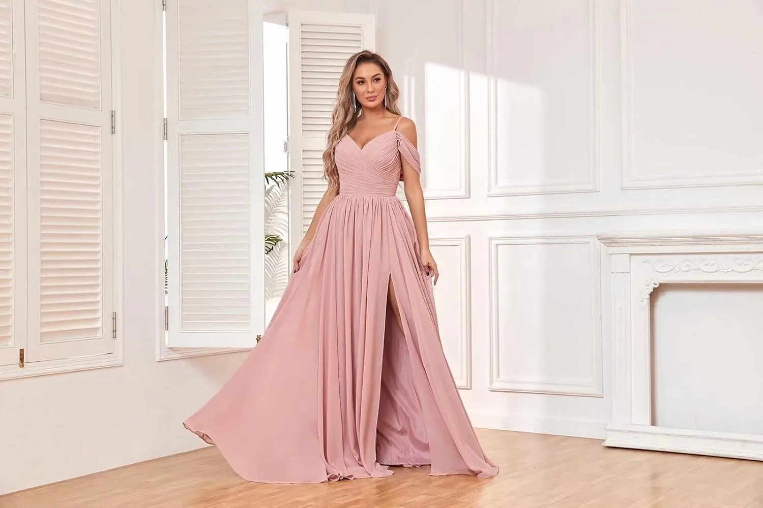 BOLENSYE Off The Shoulder Bridesmaid Dresses with Pockets Ruched Chiffon Long Slit Formal Evening Gown