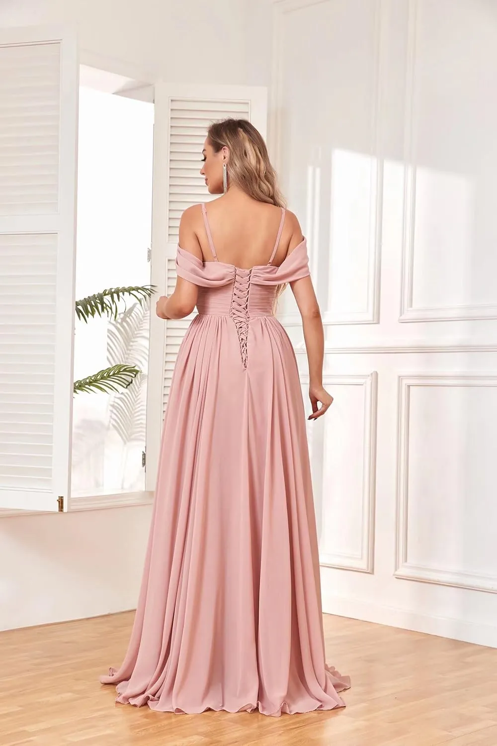 BOLENSYE Off The Shoulder Bridesmaid Dresses with Pockets Ruched Chiffon Long Slit Formal Evening Gown