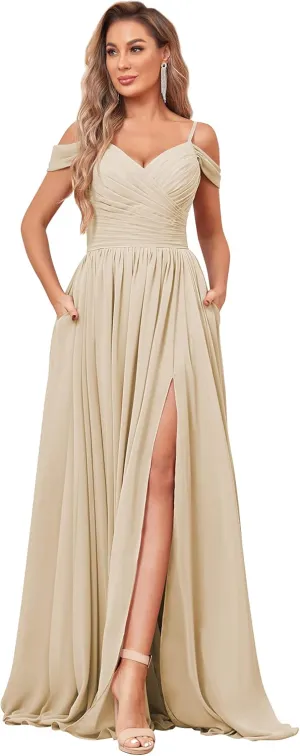 BOLENSYE Off The Shoulder Bridesmaid Dresses with Pockets Ruched Chiffon Long Slit Formal Evening Gown