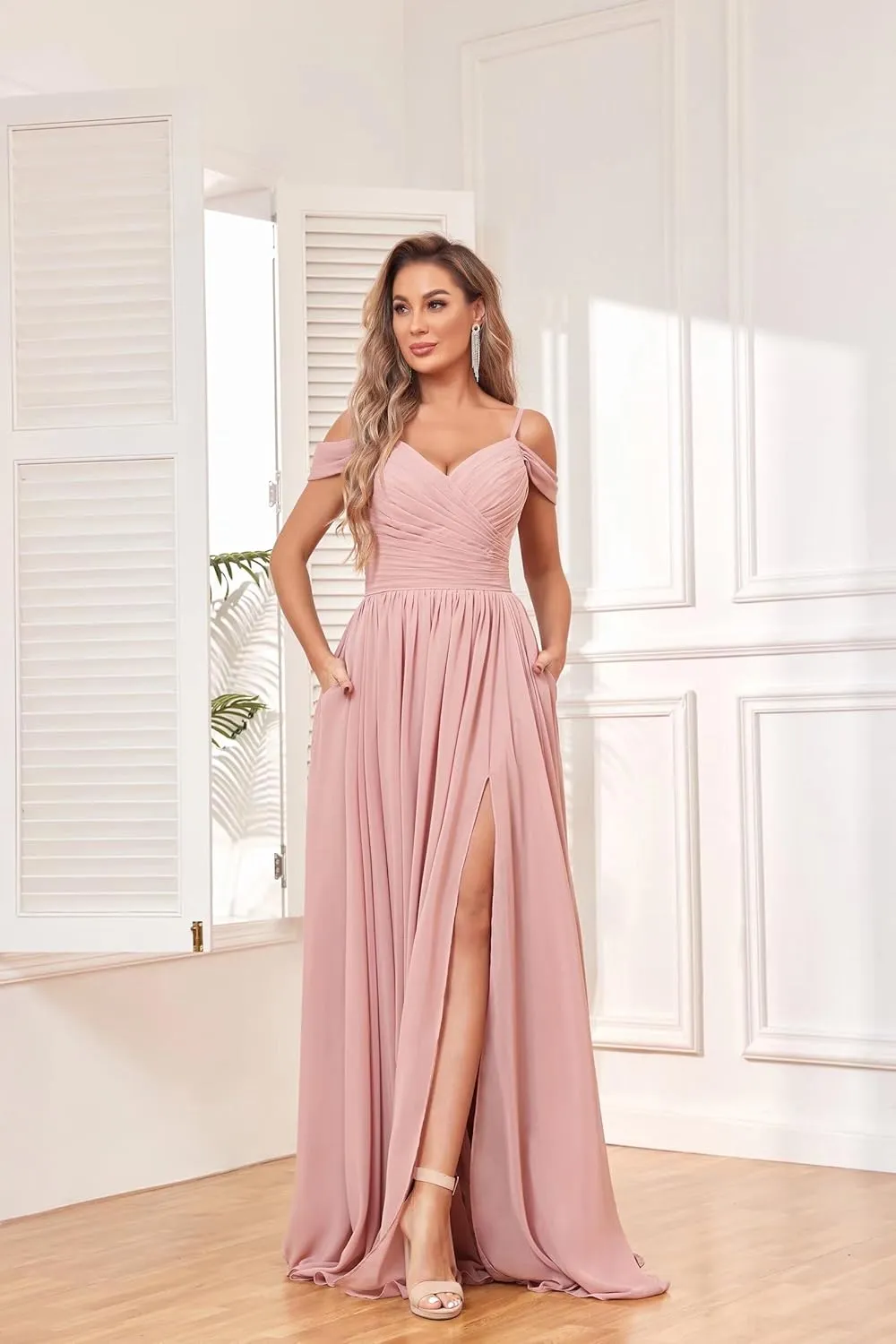 BOLENSYE Off The Shoulder Bridesmaid Dresses with Pockets Ruched Chiffon Long Slit Formal Evening Gown