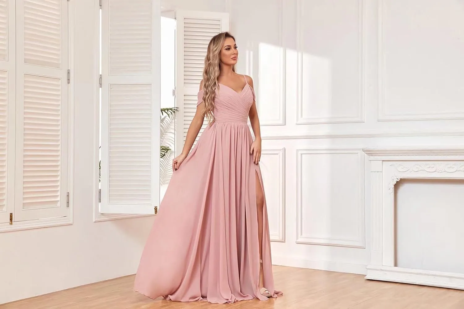 BOLENSYE Off The Shoulder Bridesmaid Dresses with Pockets Ruched Chiffon Long Slit Formal Evening Gown