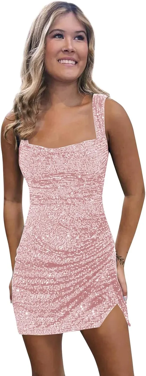 BOLENSYE Short Sequin Homecoming Dresses for Teens Square Neck Sparkly Bodycon Tight Cocktail Party Gown with Slit