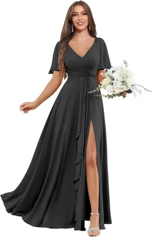 BOLENSYE Short Sleeve Chiffon Bridesmaid Dresses Long A Line V Neck Ruched Evening Party Gown with Pockets