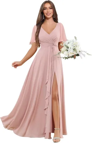 BOLENSYE Short Sleeve Chiffon Bridesmaid Dresses Long A Line V Neck Ruched Evening Party Gown with Pockets