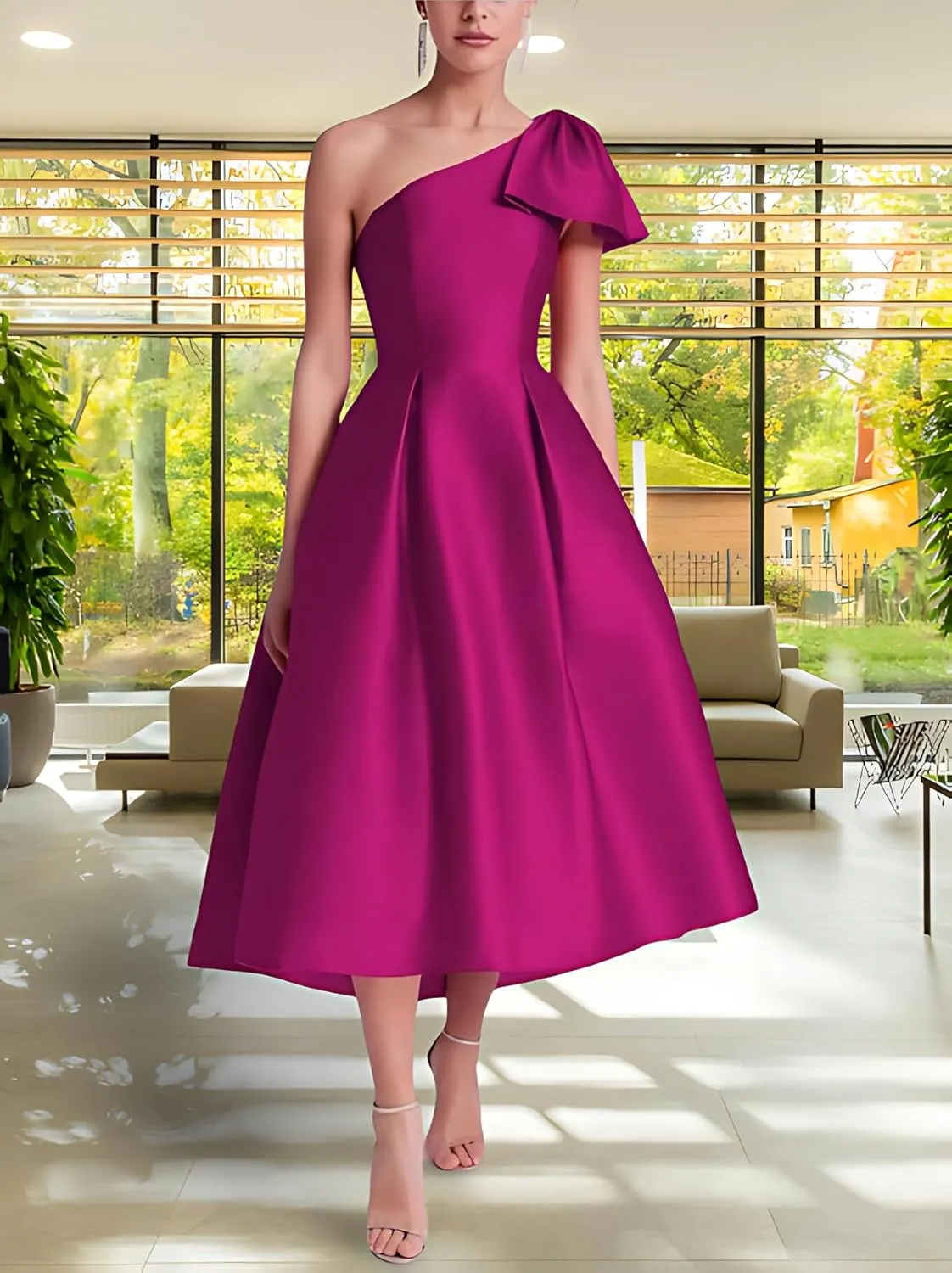 Bow One Shoulder Satin Mother of The Bride Dresses A Line Tea Length Mother of The Groom Formal Evening Dress