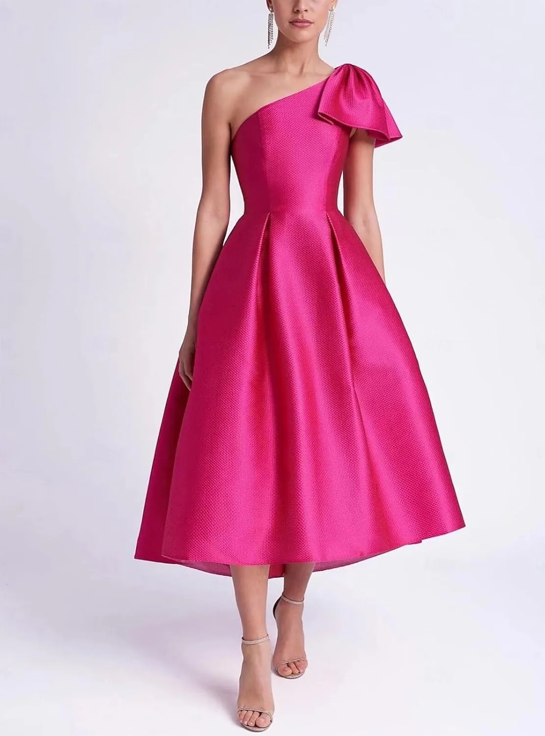 Bow One Shoulder Satin Mother of The Bride Dresses A Line Tea Length Mother of The Groom Formal Evening Dress