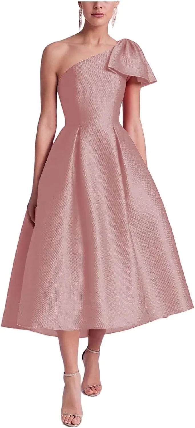 Bow One Shoulder Satin Mother of The Bride Dresses A Line Tea Length Mother of The Groom Formal Evening Dress