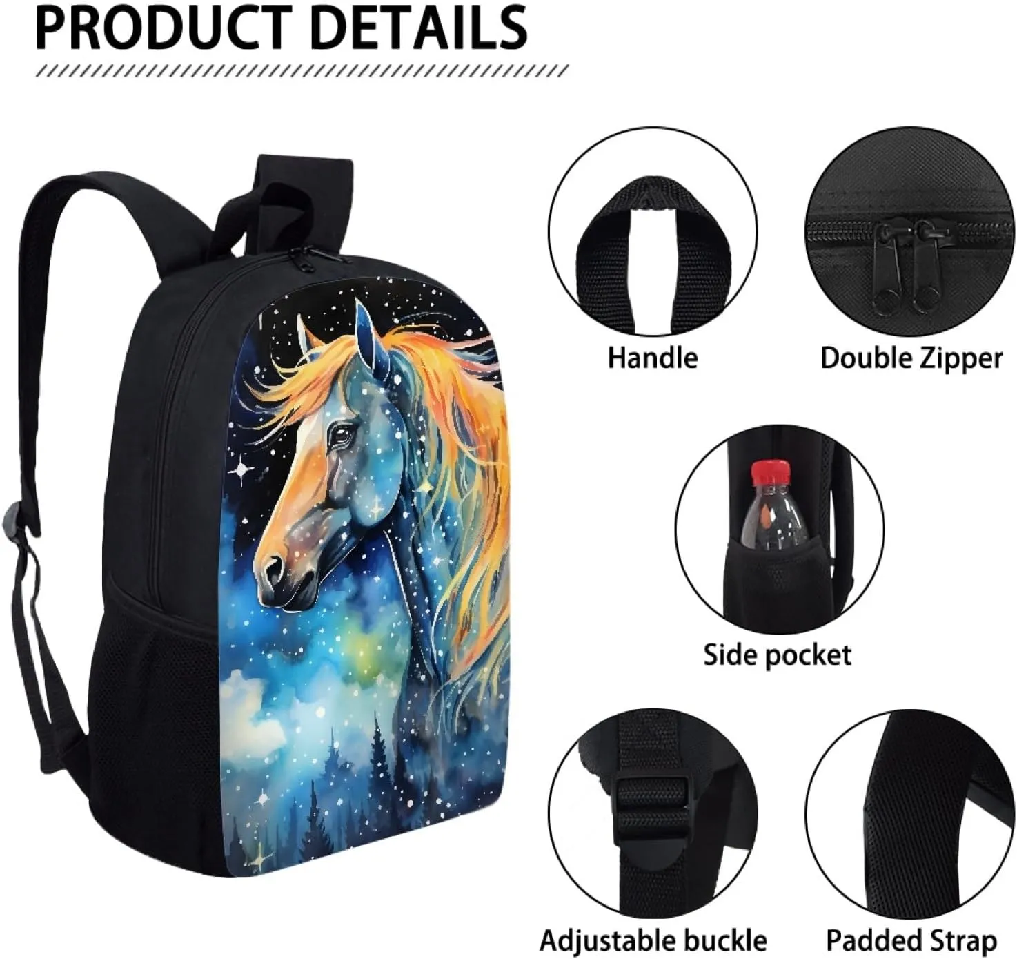 Boys Girls 3D Cool Fox Printed School Backpack Laptop Backpacks School Bag Daypack for Travel Casual,Blue Galaxy Horse