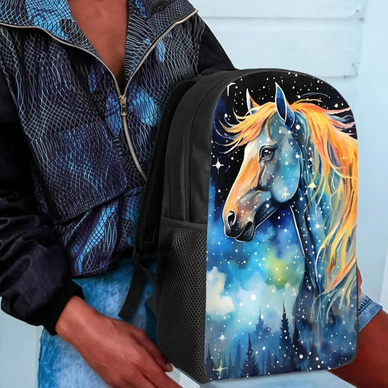 Boys Girls 3D Cool Fox Printed School Backpack Laptop Backpacks School Bag Daypack for Travel Casual,Blue Galaxy Horse