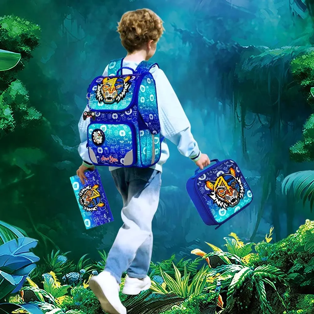 Boys Tiger Backpack, 15" Kids Bookabag with Lunch Box, 3PCS Shcool Bag Set for Elementary Preschool Toddler