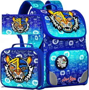 Boys Tiger Backpack, 15" Kids Bookabag with Lunch Box, 3PCS Shcool Bag Set for Elementary Preschool Toddler