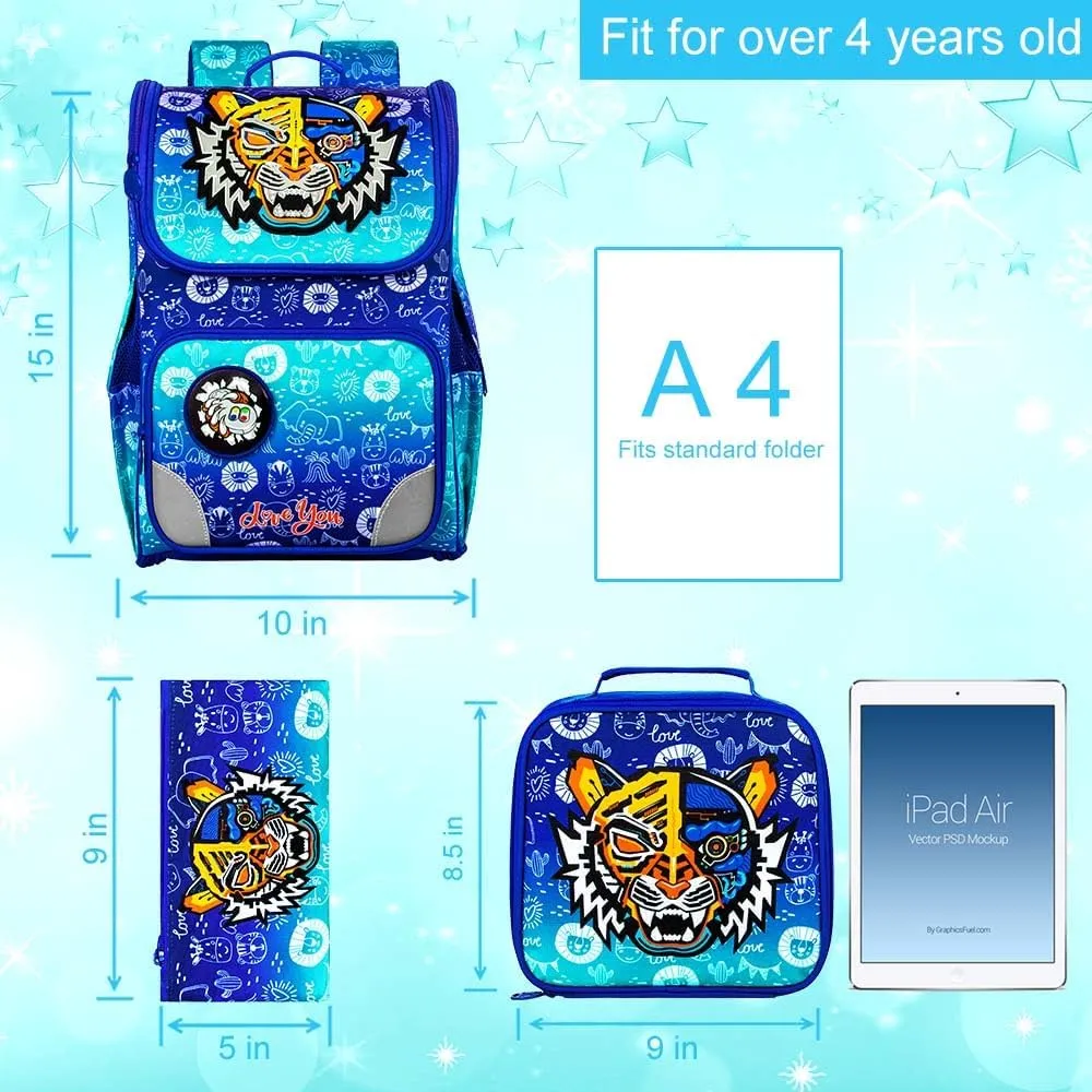 Boys Tiger Backpack, 15" Kids Bookabag with Lunch Box, 3PCS Shcool Bag Set for Elementary Preschool Toddler