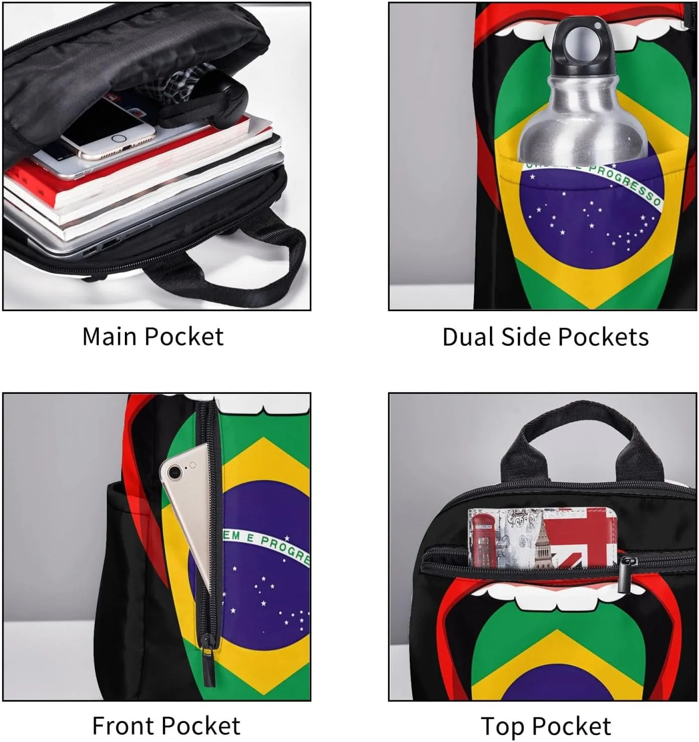 Brazil Brazilian Flag Tongue Pride Travel Backpacks Casual Laptop Backpack Sport Rucksack Large Capacity Daypack Multi-Pockets Adjustable Strap Bag for Working Hiking