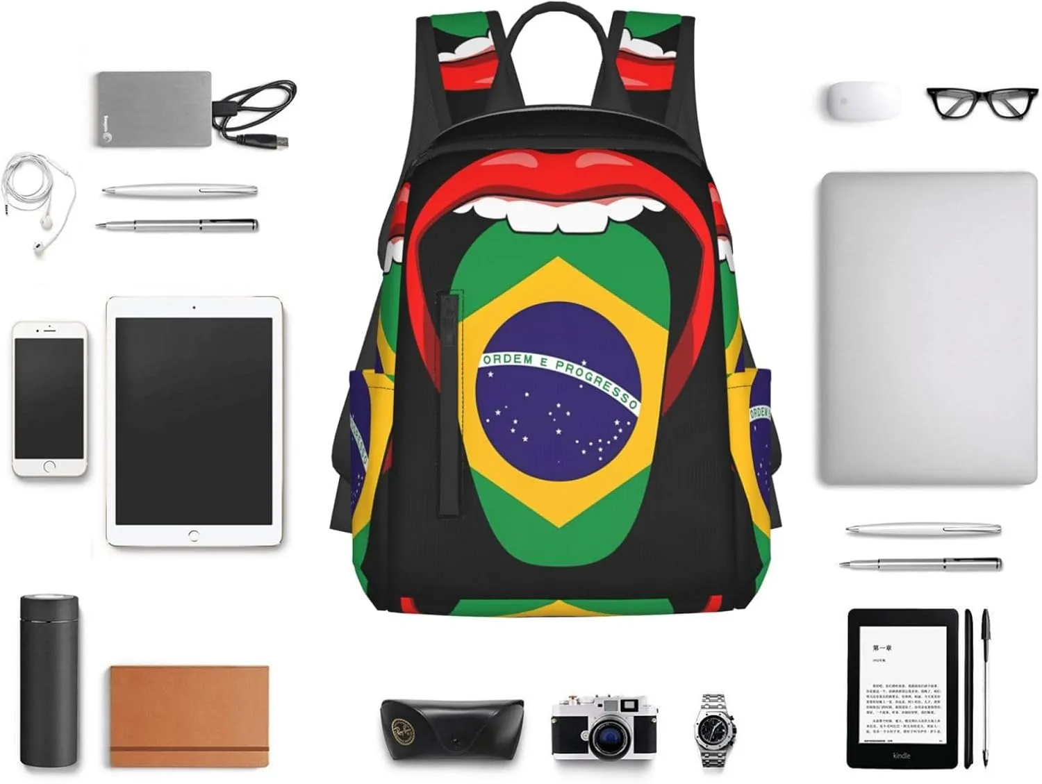 Brazil Brazilian Flag Tongue Pride Travel Backpacks Casual Laptop Backpack Sport Rucksack Large Capacity Daypack Multi-Pockets Adjustable Strap Bag for Working Hiking