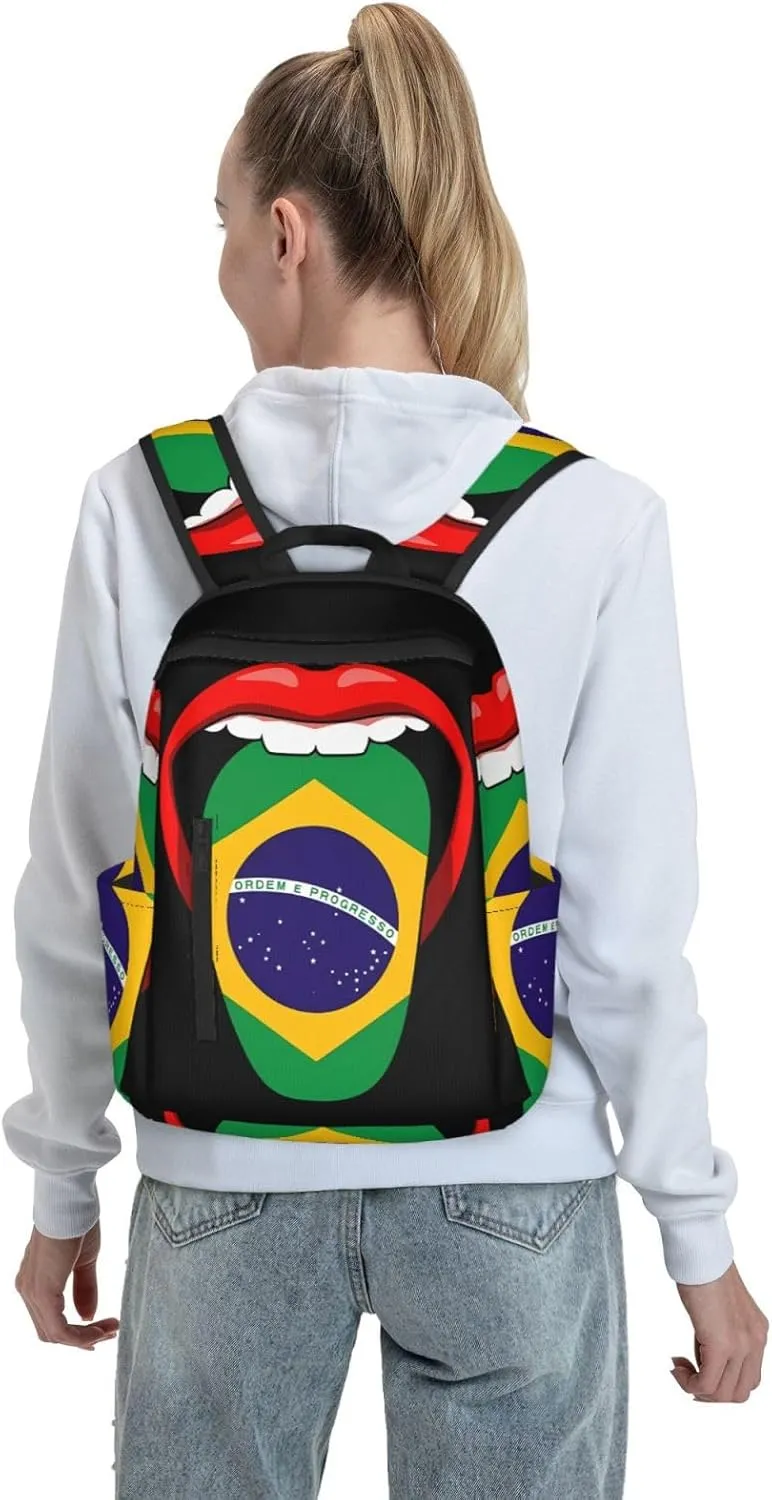 Brazil Brazilian Flag Tongue Pride Travel Backpacks Casual Laptop Backpack Sport Rucksack Large Capacity Daypack Multi-Pockets Adjustable Strap Bag for Working Hiking