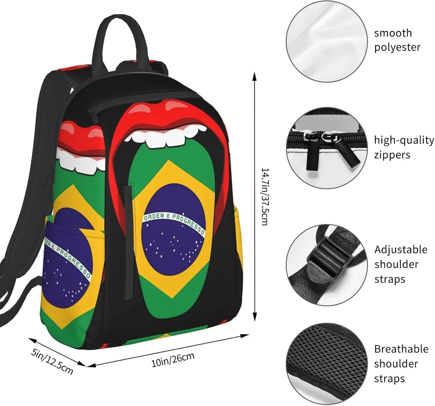 Brazil Brazilian Flag Tongue Pride Travel Backpacks Casual Laptop Backpack Sport Rucksack Large Capacity Daypack Multi-Pockets Adjustable Strap Bag for Working Hiking