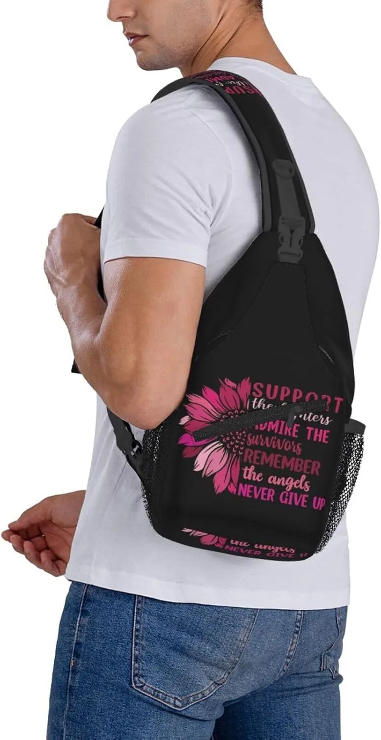 Breast Cancer Awareness Flowers Sling Bag Chest Bags Adjustable Crossbody Bag Shoulder Backpack For Travel Hiking