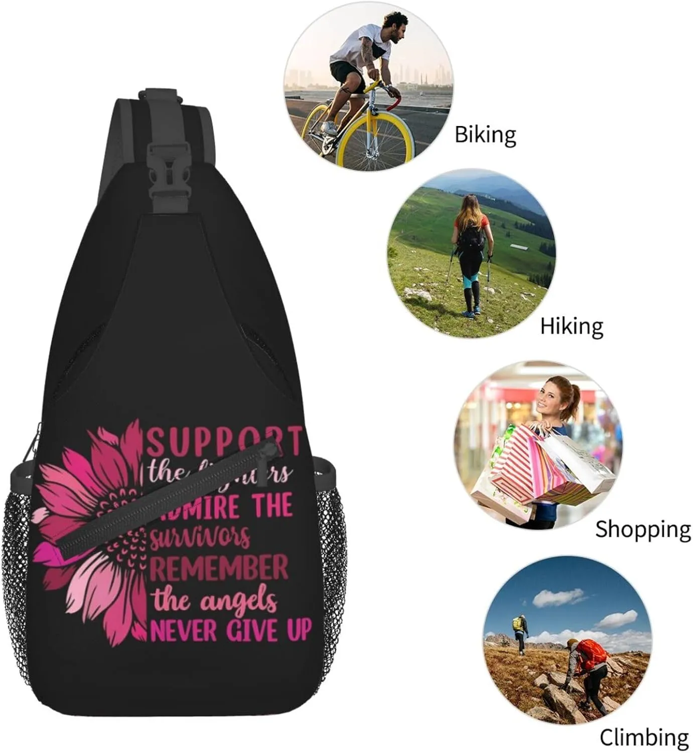 Breast Cancer Awareness Flowers Sling Bag Chest Bags Adjustable Crossbody Bag Shoulder Backpack For Travel Hiking