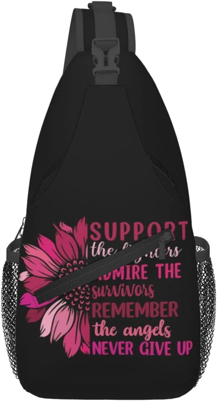 Breast Cancer Awareness Flowers Sling Bag Chest Bags Adjustable Crossbody Bag Shoulder Backpack For Travel Hiking