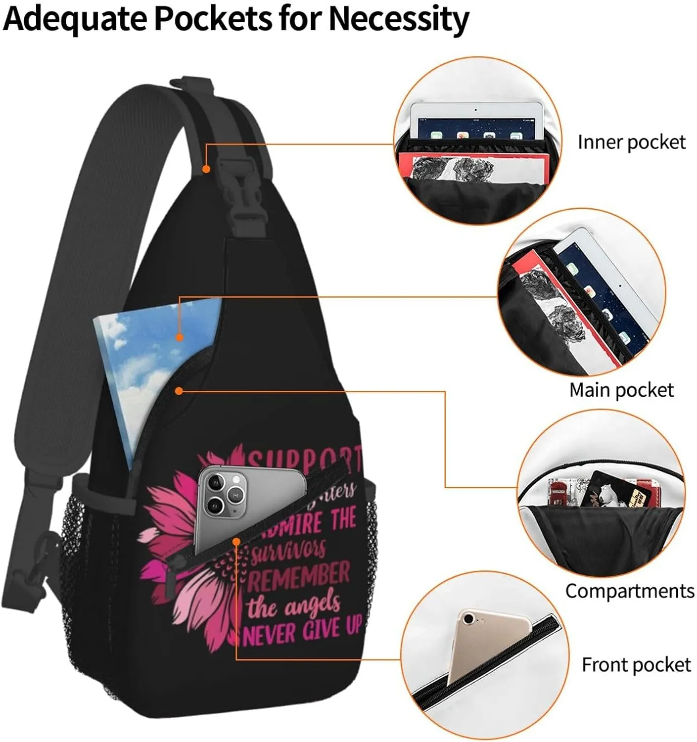 Breast Cancer Awareness Flowers Sling Bag Chest Bags Adjustable Crossbody Bag Shoulder Backpack For Travel Hiking