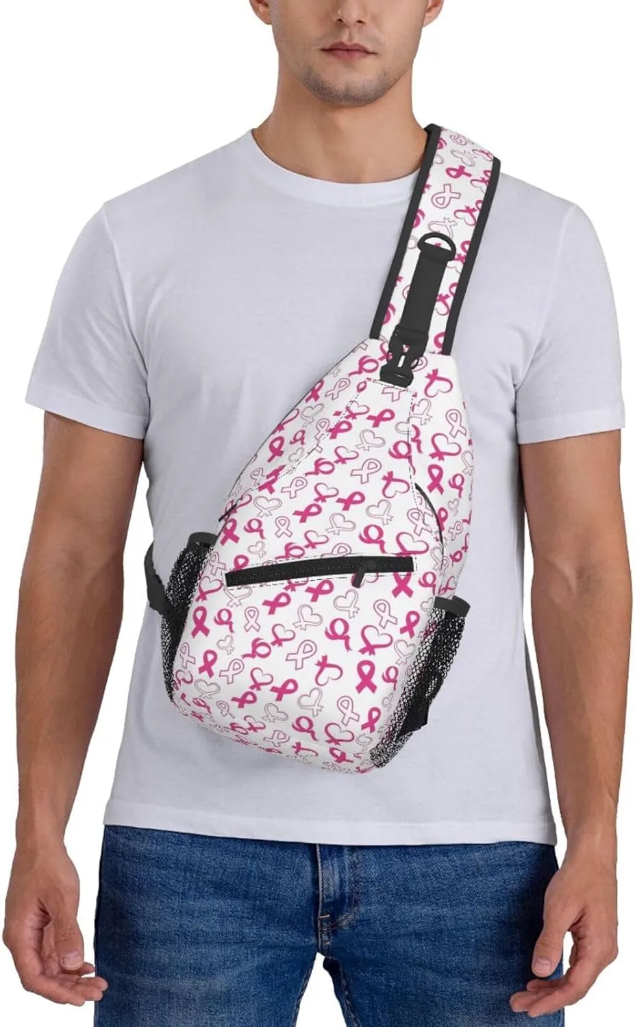Breast Cancer Awareness Flowers Sling Bag Chest Bags Adjustable Crossbody Bag Shoulder Backpack For Travel Hiking