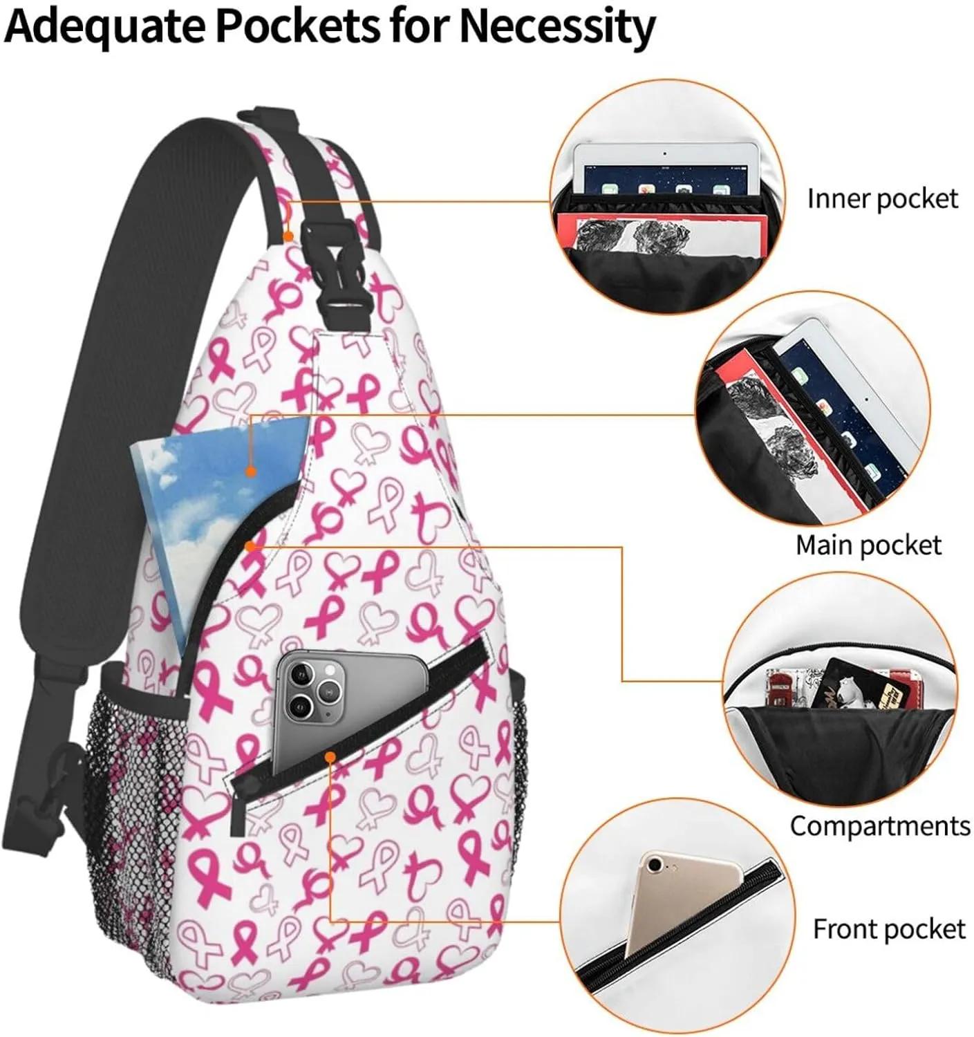 Breast Cancer Awareness Flowers Sling Bag Chest Bags Adjustable Crossbody Bag Shoulder Backpack For Travel Hiking