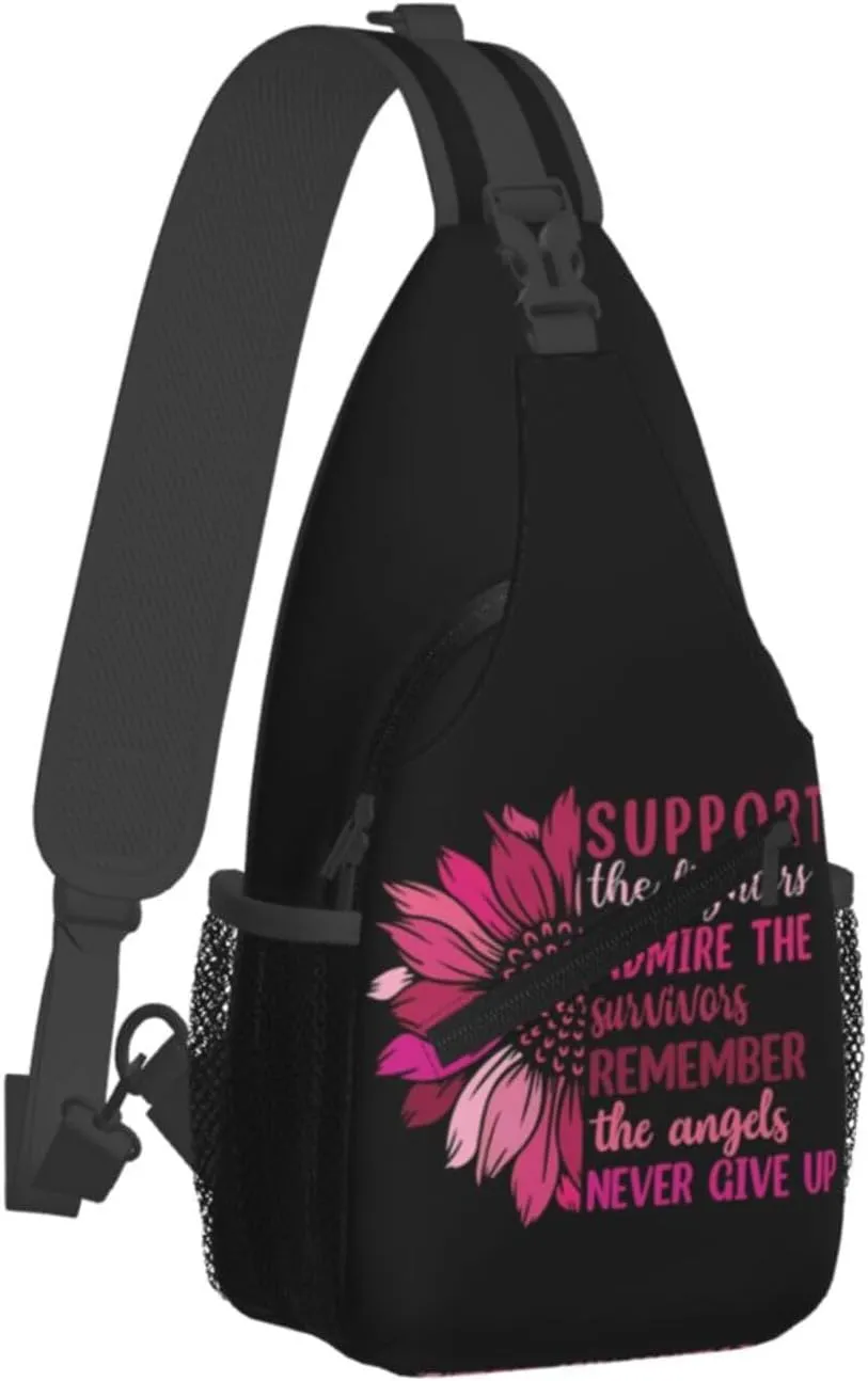 Breast Cancer Awareness Flowers Sling Bag Chest Bags Adjustable Crossbody Bag Shoulder Backpack For Travel Hiking
