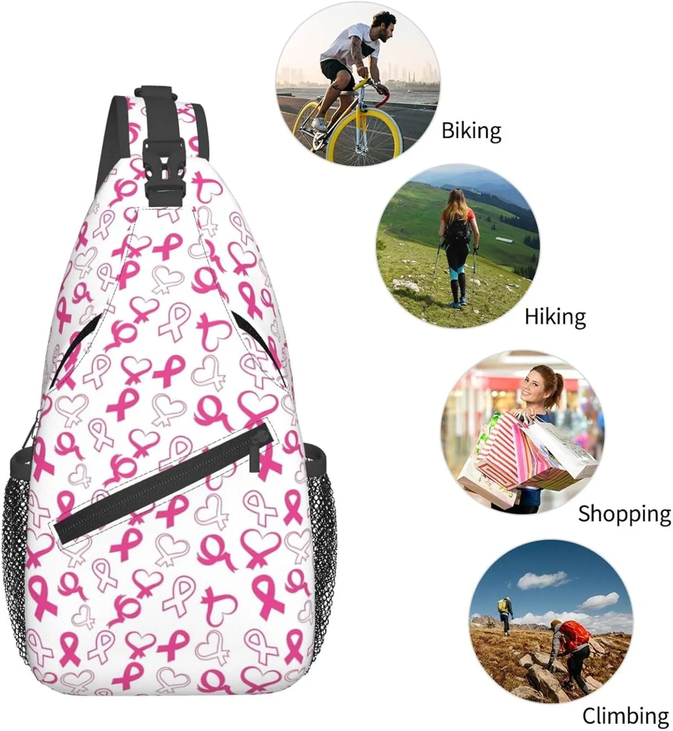Breast Cancer Awareness Flowers Sling Bag Chest Bags Adjustable Crossbody Bag Shoulder Backpack For Travel Hiking