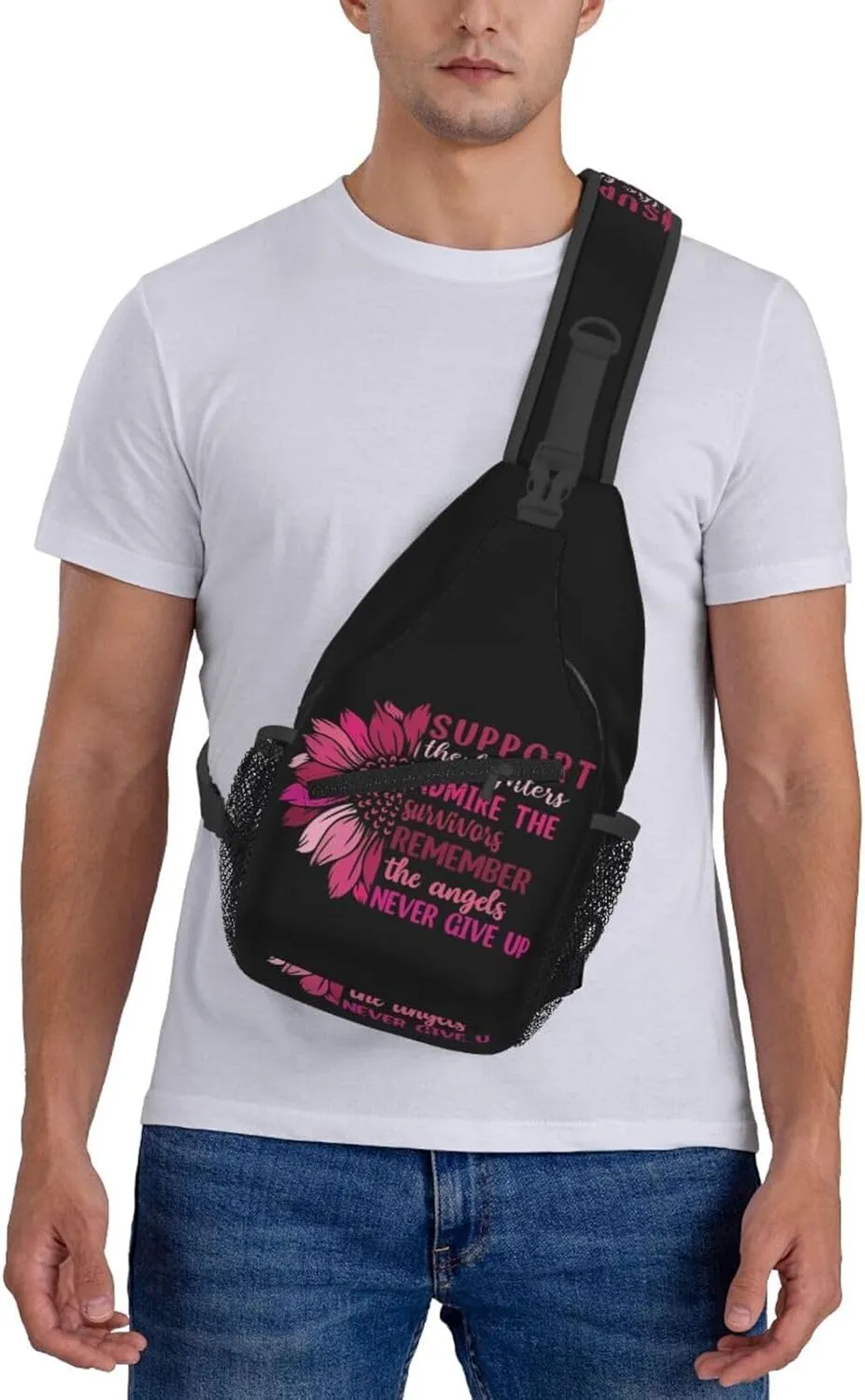 Breast Cancer Awareness Flowers Sling Bag Chest Bags Adjustable Crossbody Bag Shoulder Backpack For Travel Hiking