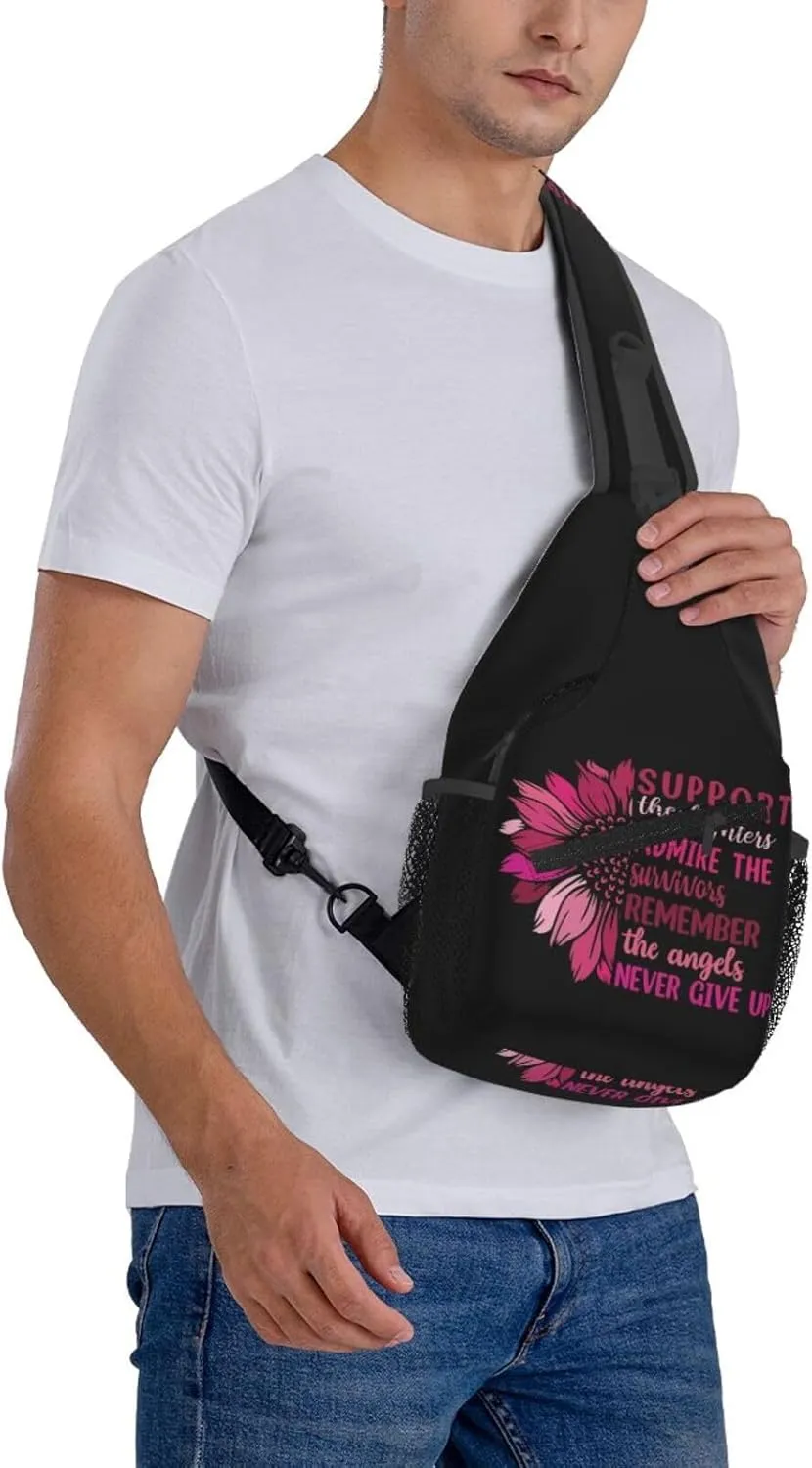 Breast Cancer Awareness Flowers Sling Bag Chest Bags Adjustable Crossbody Bag Shoulder Backpack For Travel Hiking