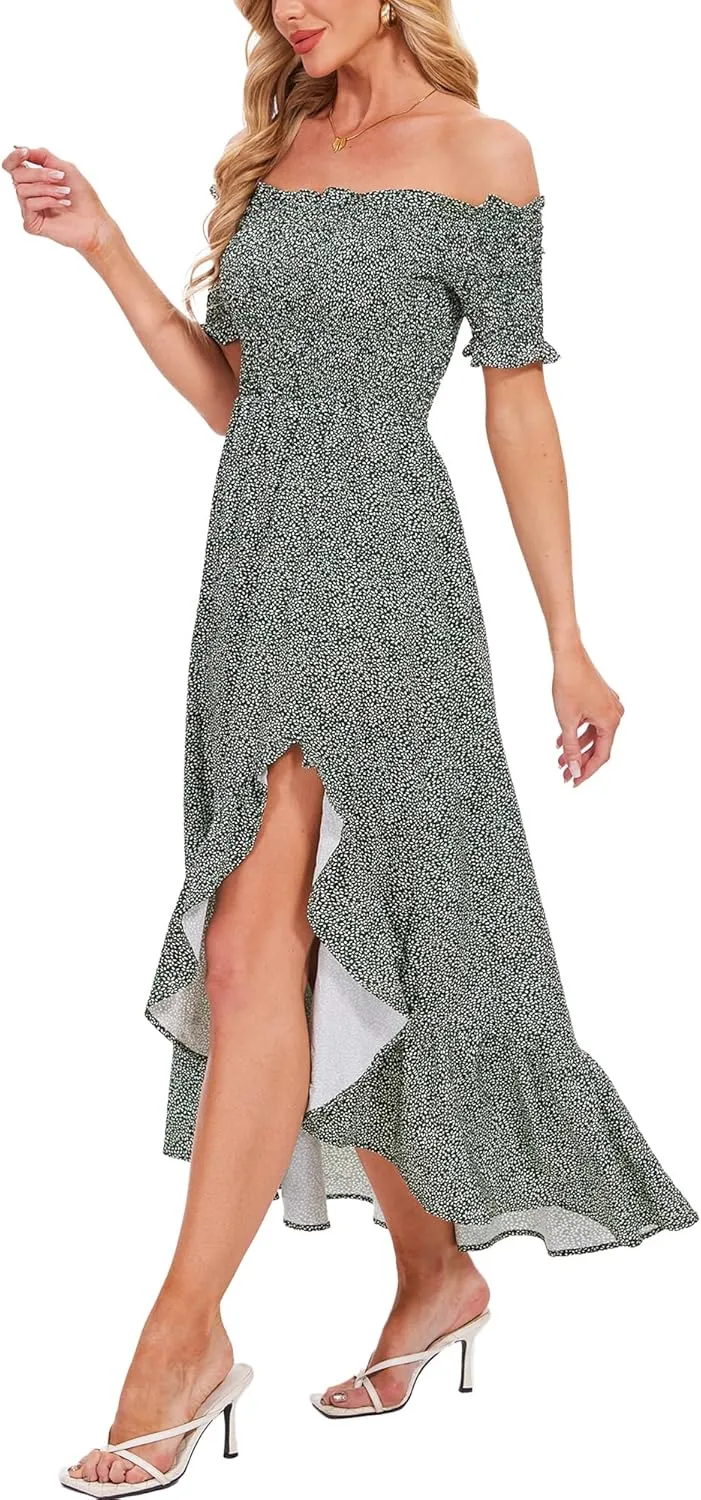 Breezy Lane Women's Floral Print Off Shoulder Split Dress Boho Long A Line Dress