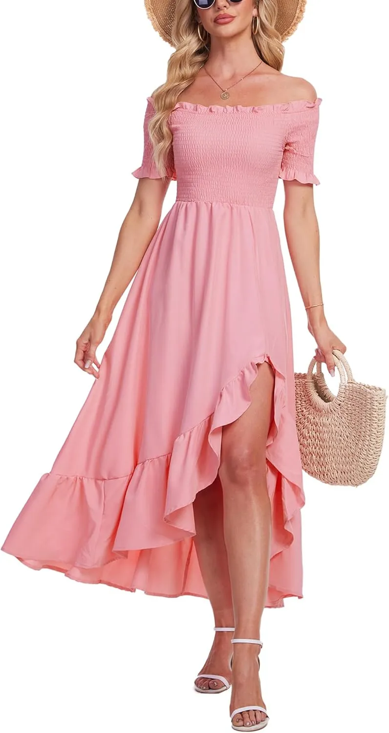 Breezy Lane Women's Floral Print Off Shoulder Split Dress Boho Long A Line Dress
