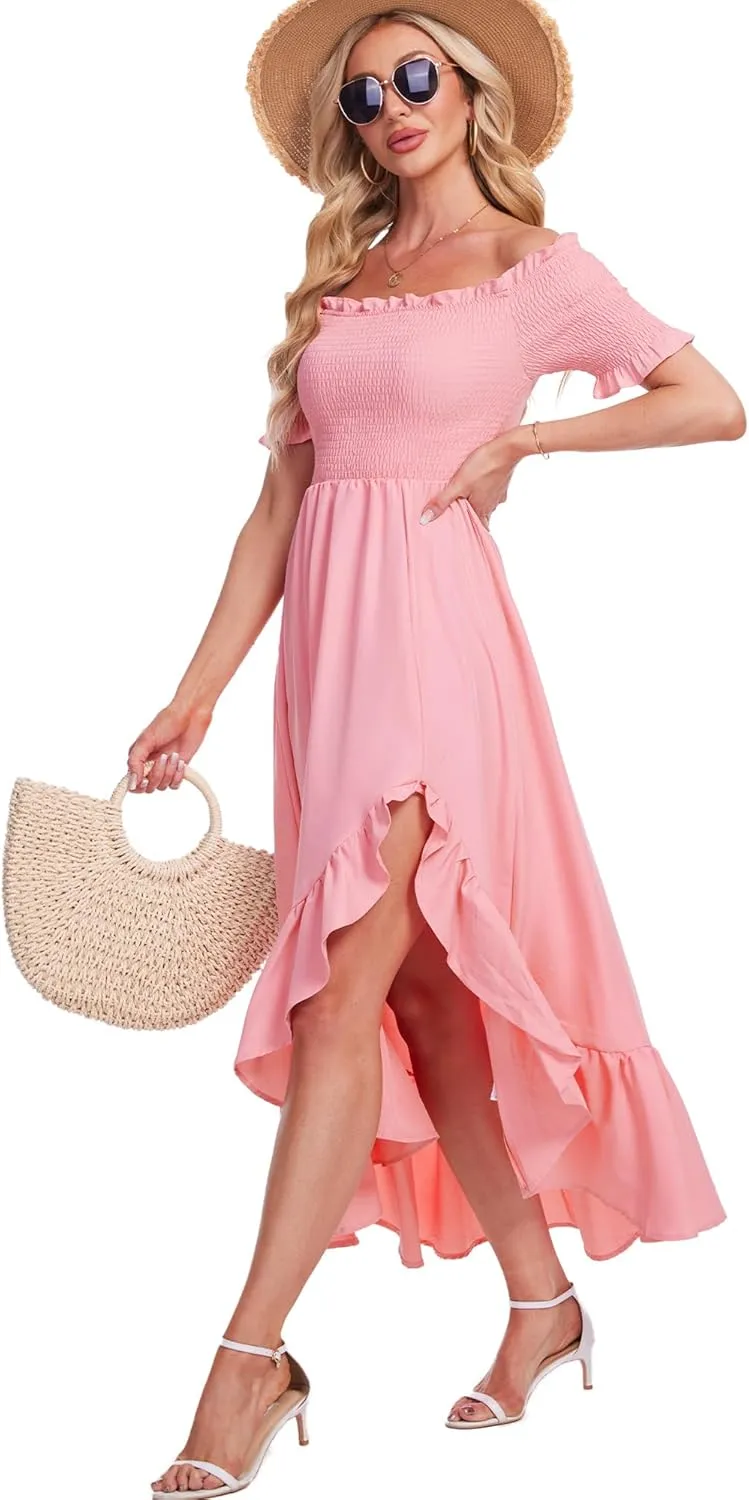 Breezy Lane Women's Floral Print Off Shoulder Split Dress Boho Long A Line Dress