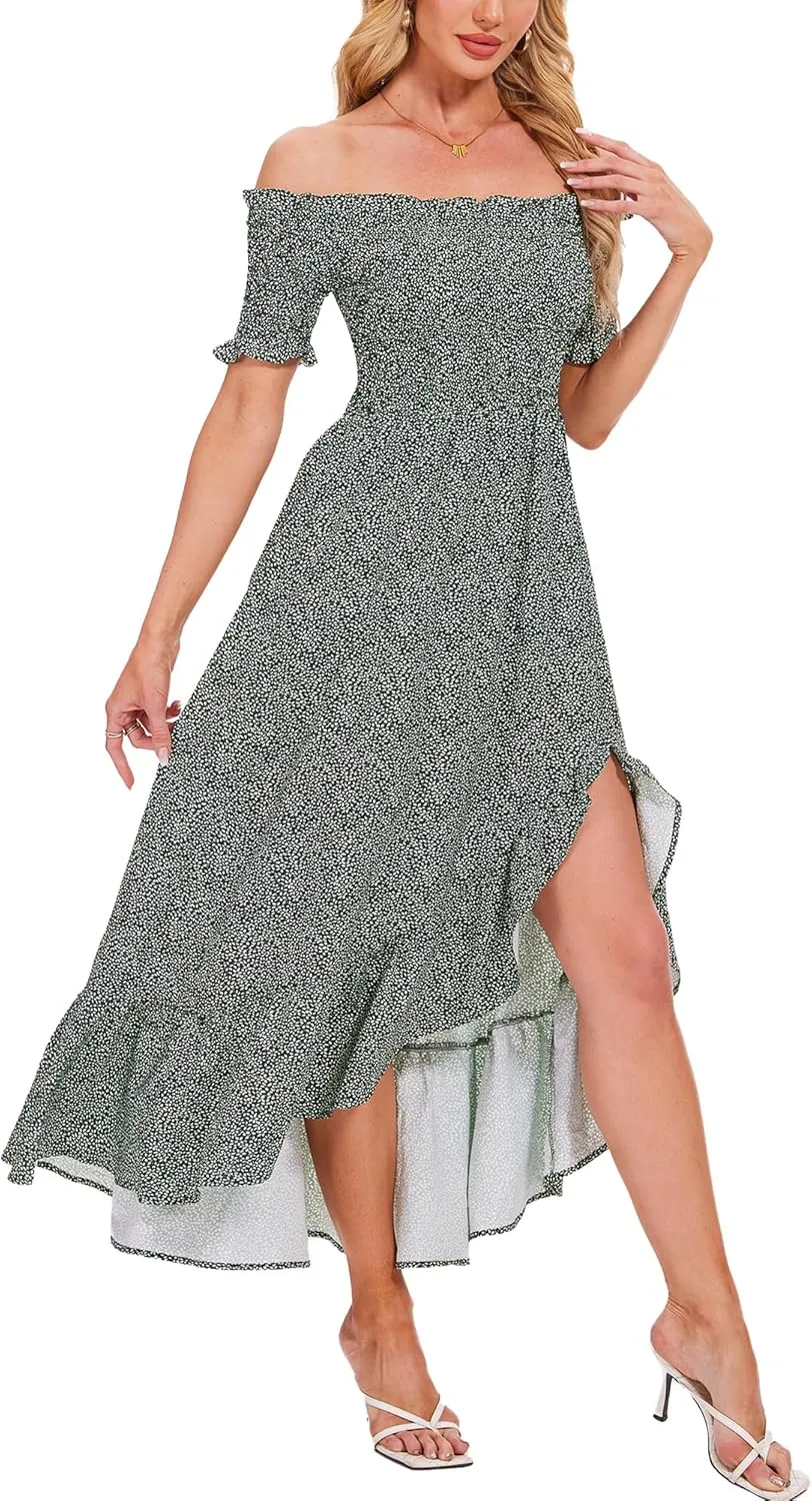 Breezy Lane Women's Floral Print Off Shoulder Split Dress Boho Long A Line Dress