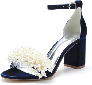Bridal Shoes Open Toe Wedding High Heels Block Pumps Crystal Bride High Heels Sandals Evening Party Dress 8CM Bridesmaids Ankle Strap,Dark blue,8.5