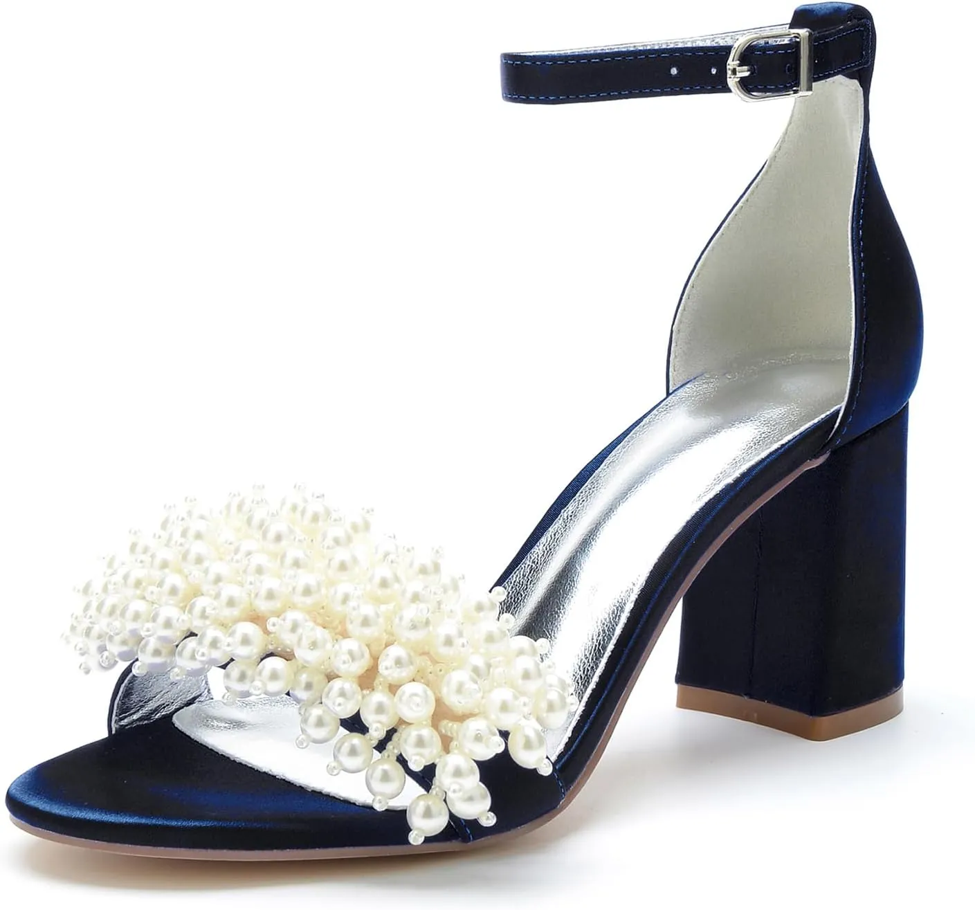 Bridal Shoes Open Toe Wedding High Heels Block Pumps Crystal Bride High Heels Sandals Evening Party Dress 8CM Bridesmaids Ankle Strap,Dark blue,8.5