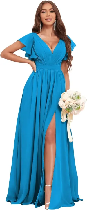 Bridesmaid Dresses for Women with Slit Pockets V Neck Flutter Sleeve Chiffon Wedding Long Formal Evening Gown Dresses