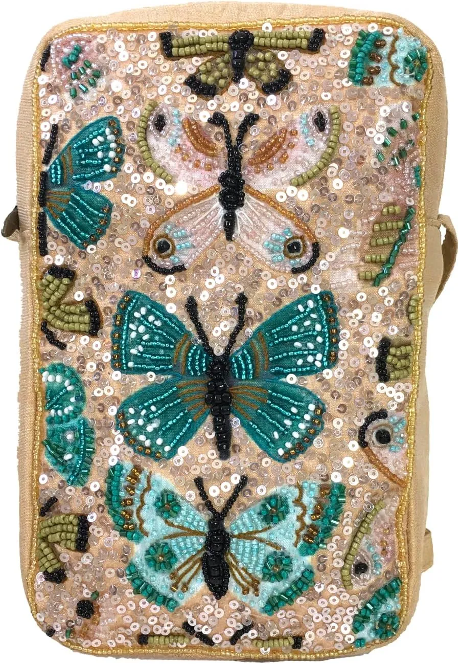 BTC Women's Butterfly Flutter Beaded XL Phone Crossbody Pouch Bag, Multicolor Shimmer