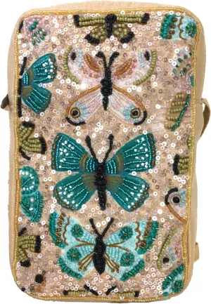 BTC Women's Butterfly Flutter Beaded XL Phone Crossbody Pouch Bag, Multicolor Shimmer