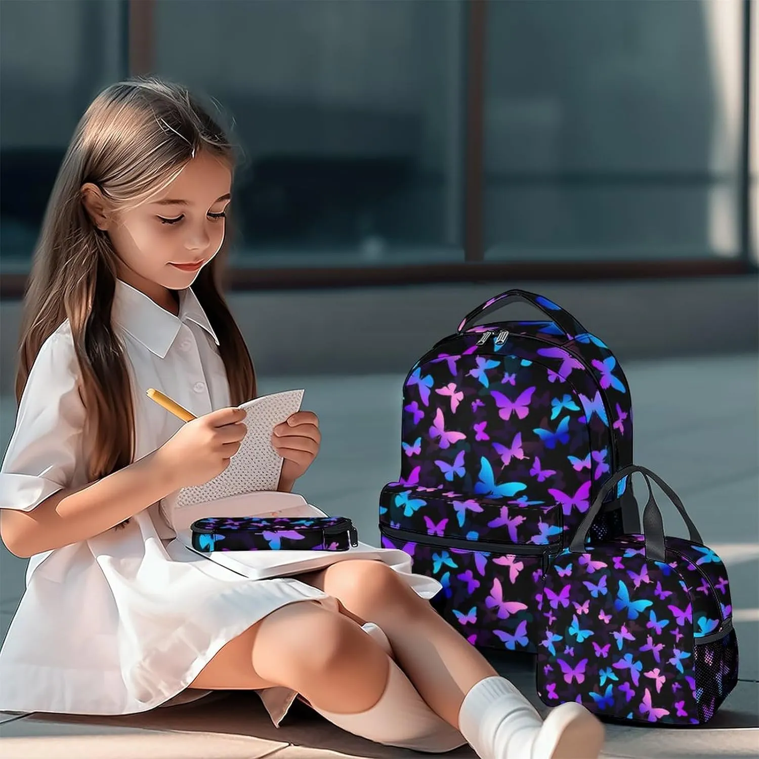 Butterfly Backpack with Lunch Box, Set of 3 School Backpacks Matching Combo, Cute Lightweight Bookbag and Pencil Case Bundle