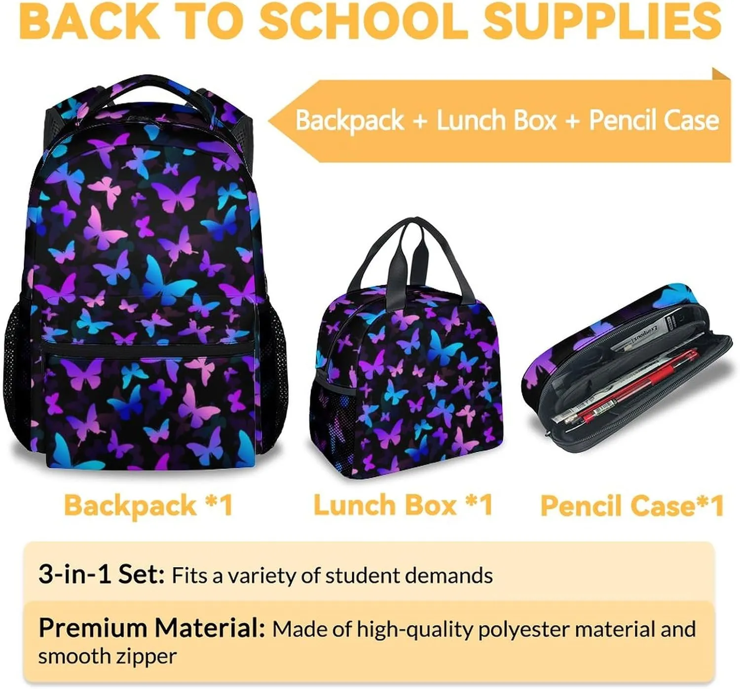 Butterfly Backpack with Lunch Box, Set of 3 School Backpacks Matching Combo, Cute Lightweight Bookbag and Pencil Case Bundle