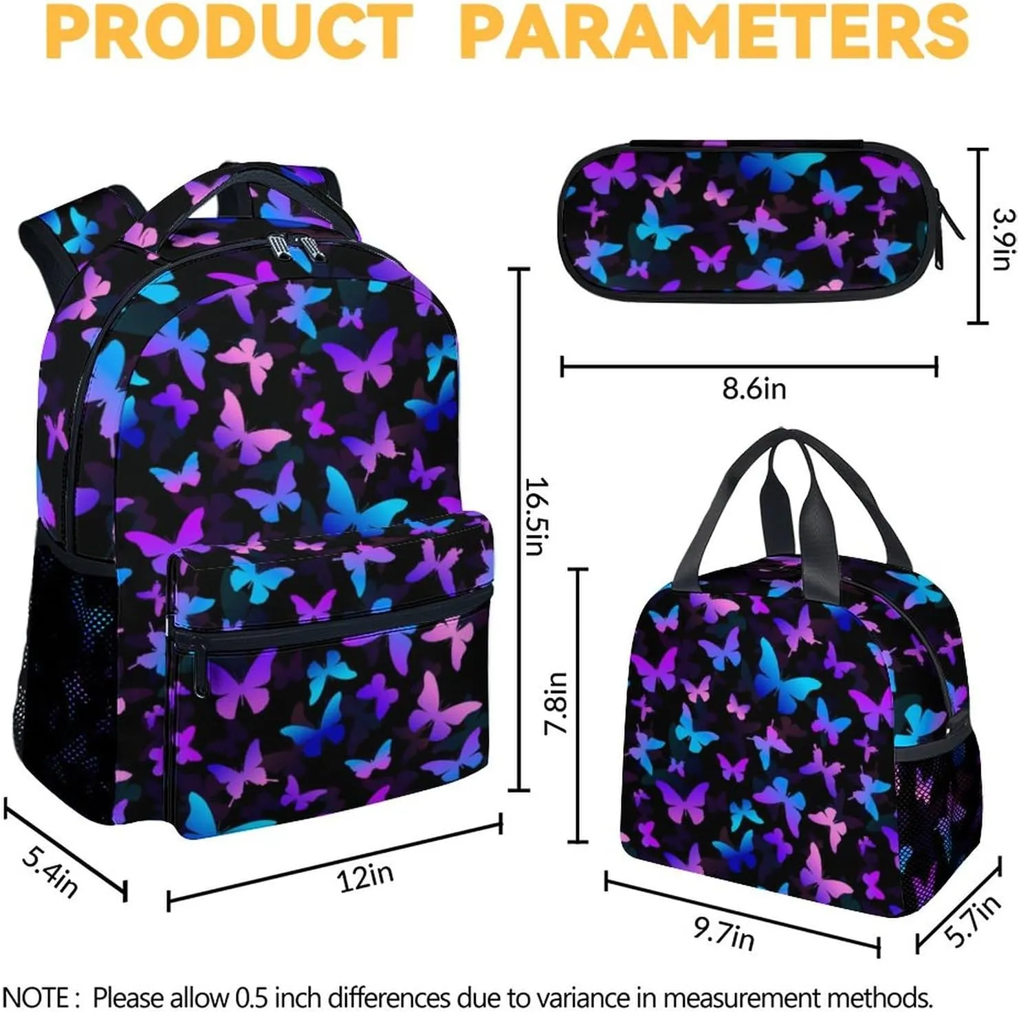 Butterfly Backpack with Lunch Box, Set of 3 School Backpacks Matching Combo, Cute Lightweight Bookbag and Pencil Case Bundle