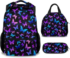 Butterfly Backpack with Lunch Box, Set of 3 School Backpacks Matching Combo, Cute Lightweight Bookbag and Pencil Case Bundle