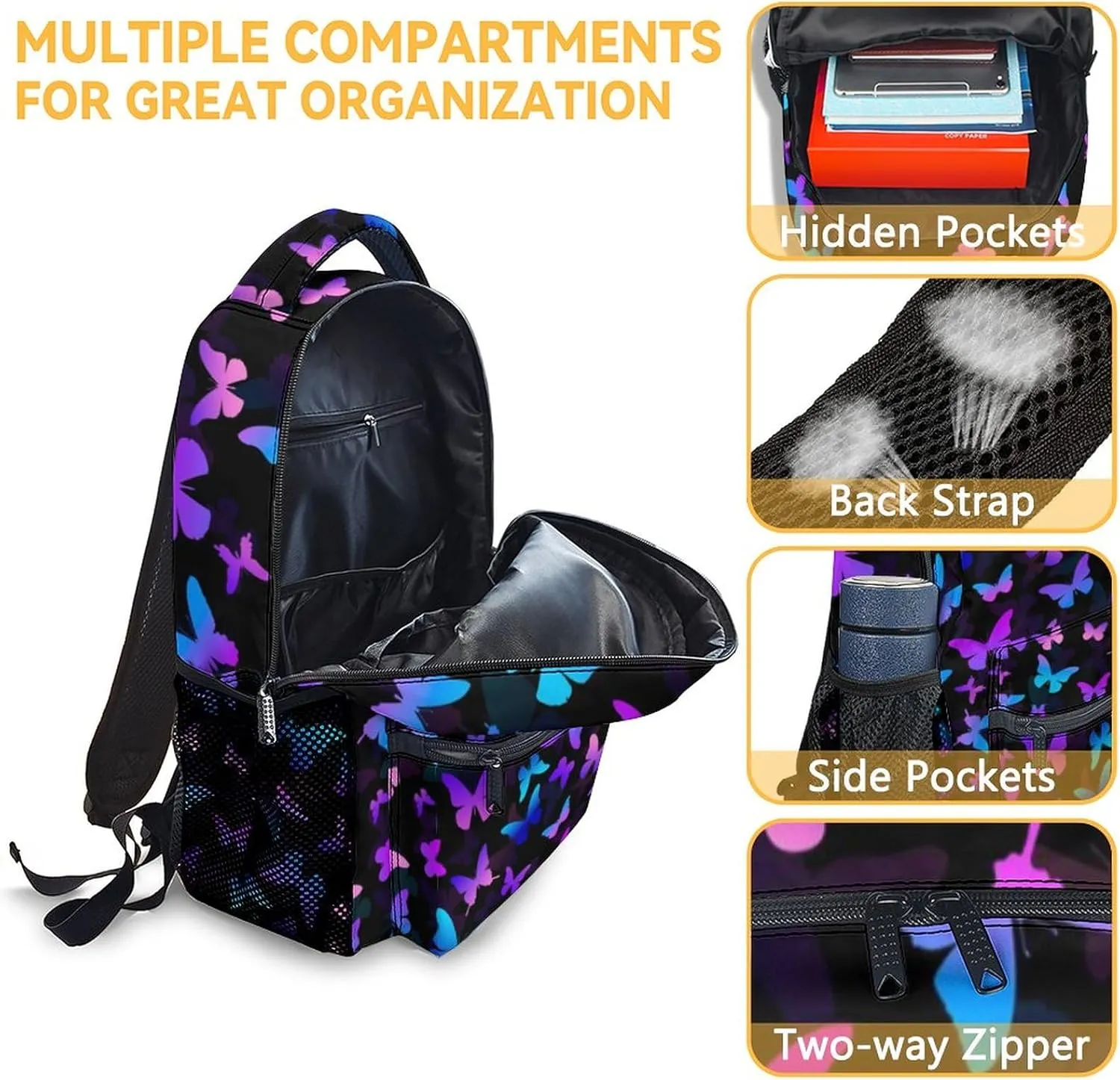 Butterfly Backpack with Lunch Box, Set of 3 School Backpacks Matching Combo, Cute Lightweight Bookbag and Pencil Case Bundle