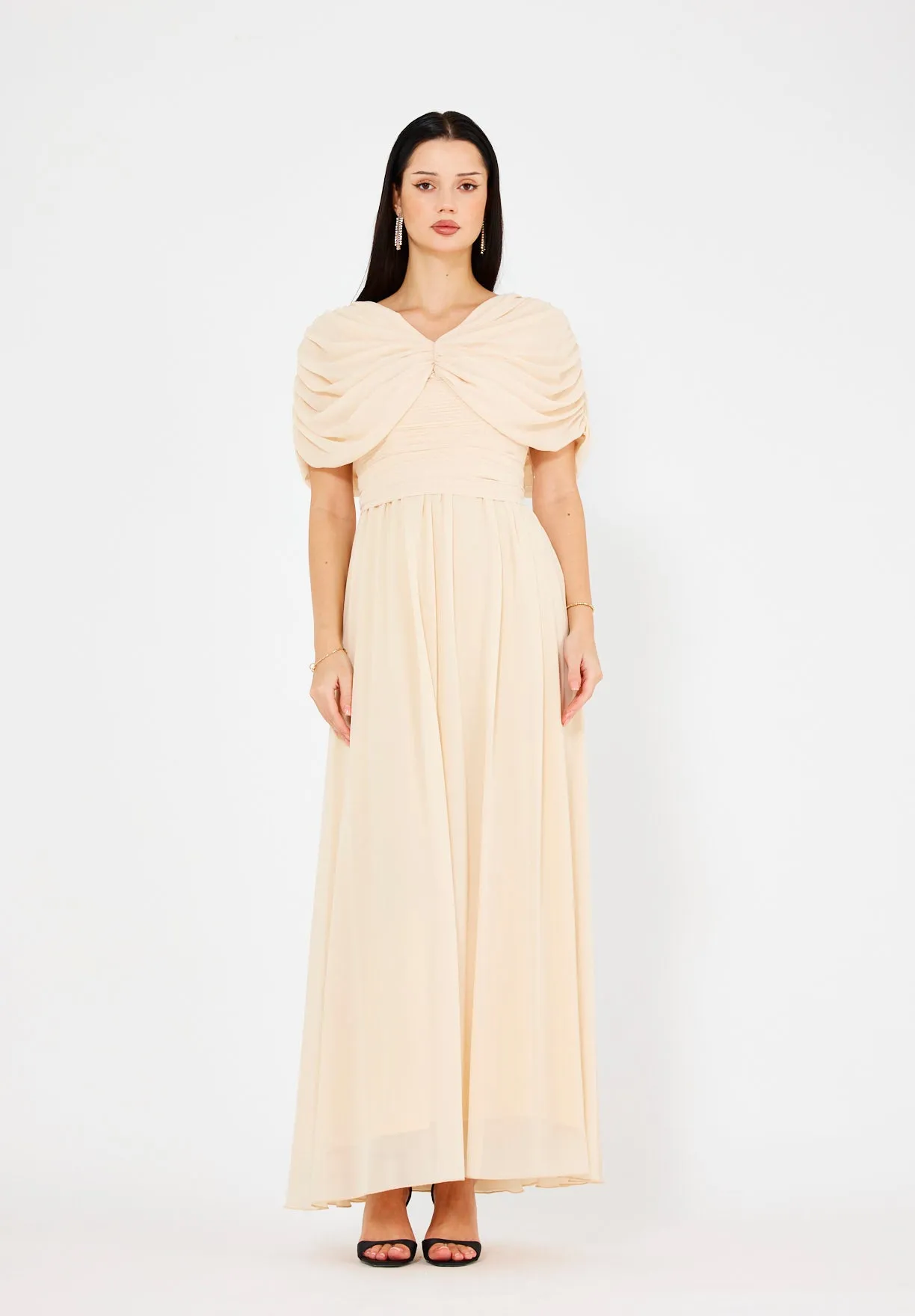 Butterfly-Draped Ruched Gown