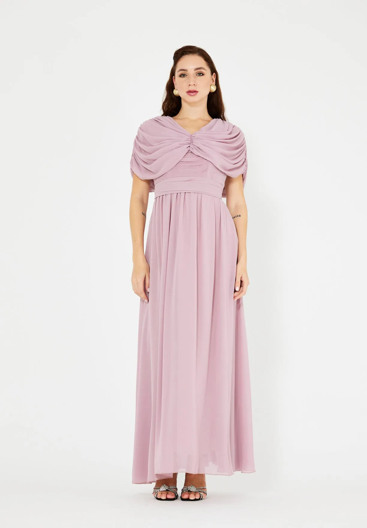 Butterfly-Draped Ruched Gown