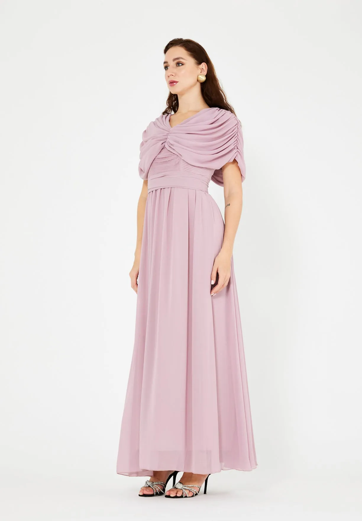 Butterfly-Draped Ruched Gown