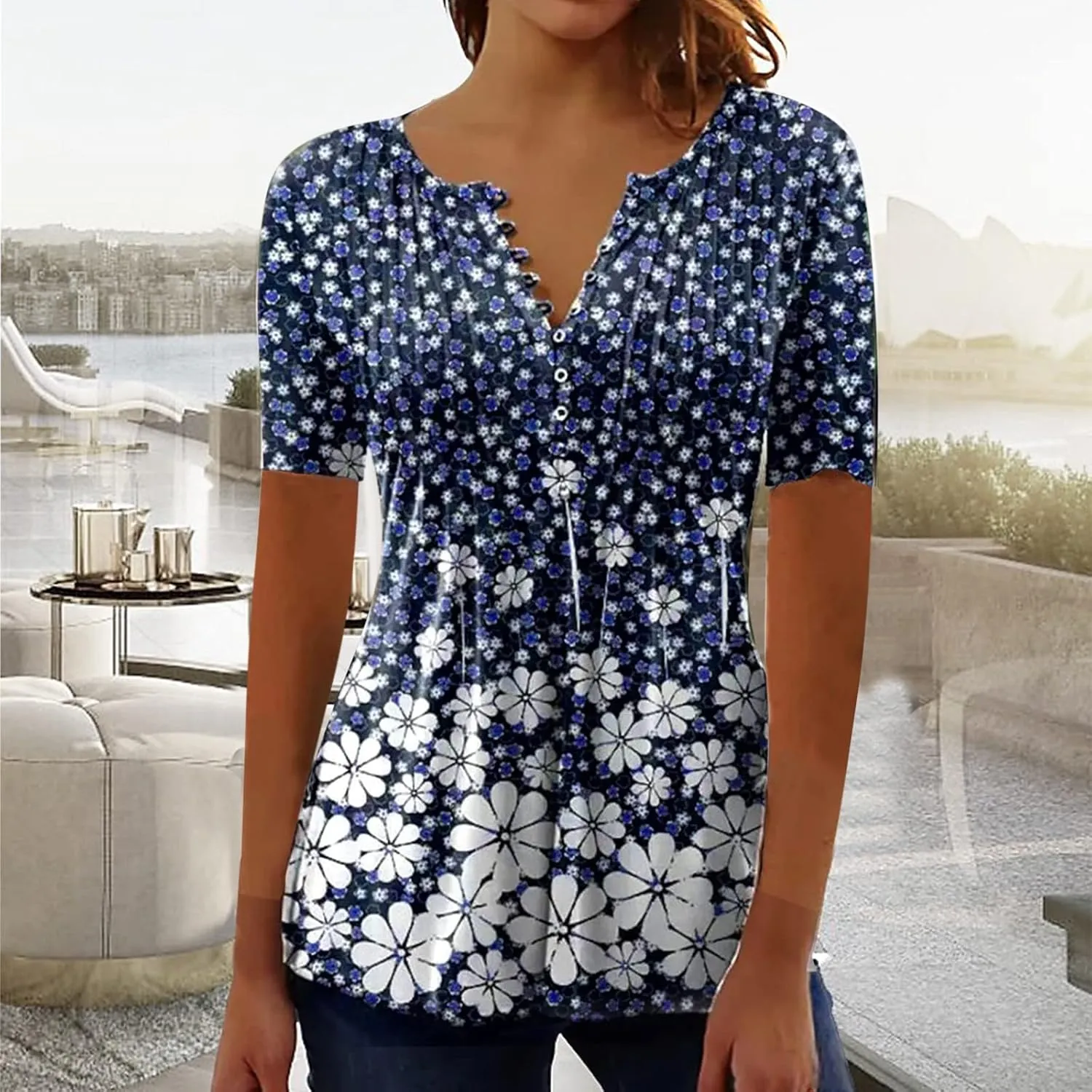 Button Down Shirts for Women Summer Floral Print Tunic Empire Waist Short Sleeve Henley v Neck Spring Blouses