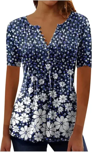 Button Down Shirts for Women Summer Floral Print Tunic Empire Waist Short Sleeve Henley v Neck Spring Blouses